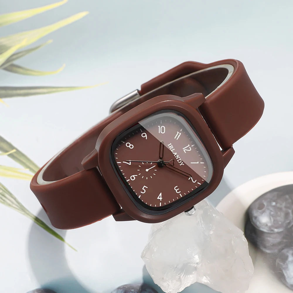 2PCS Fashion Arabic Dial Women Quartz Watch Heart Bracelet Set Square Silicone Strap Wristwatches Reloj Mujer