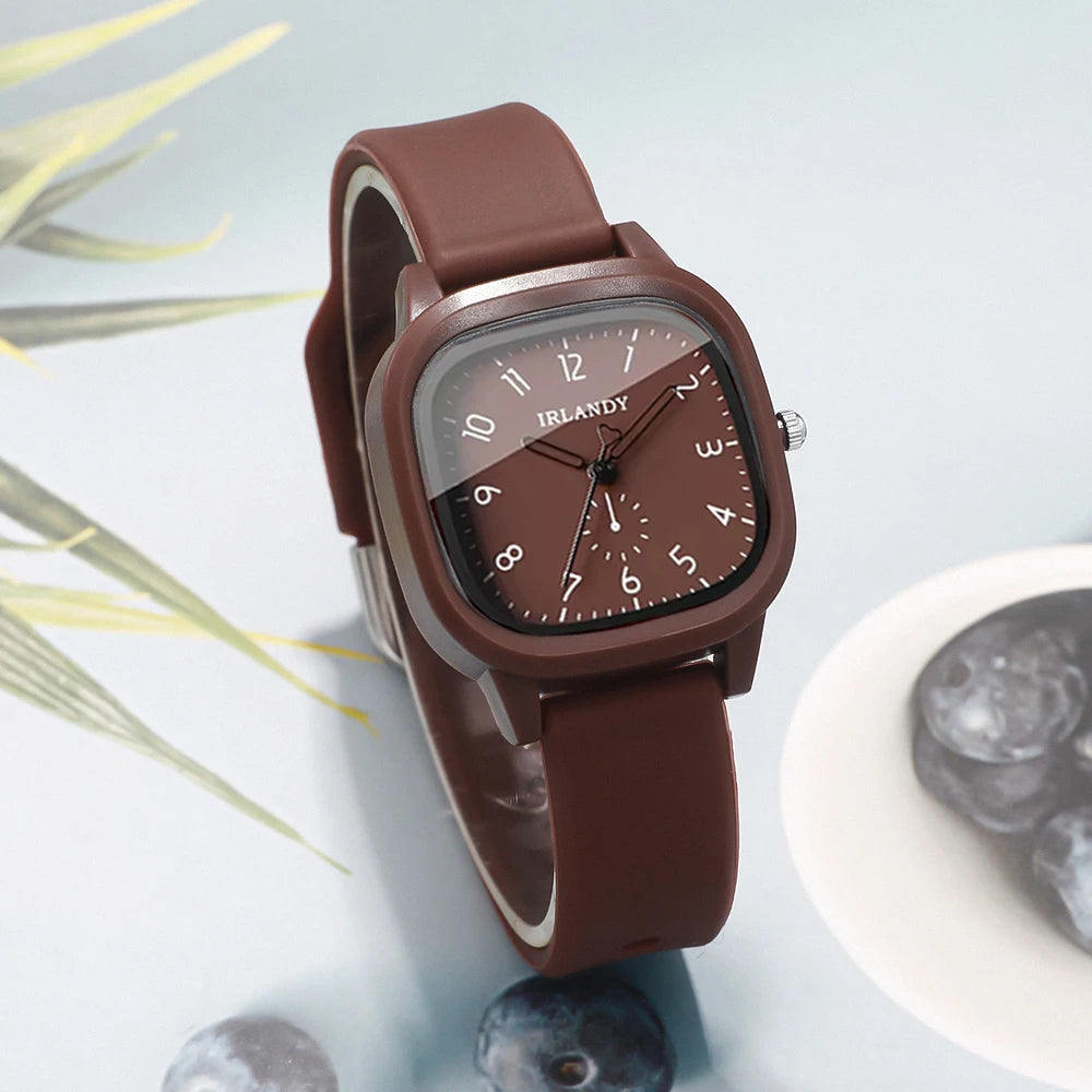 2PCS Fashion Arabic Dial Women Quartz Watch Heart Bracelet Set Square Silicone Strap Wristwatches Reloj Mujer