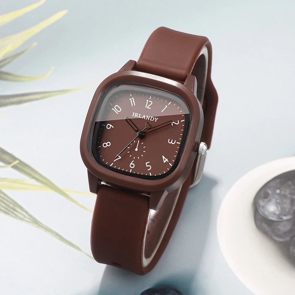 2PCS Fashion Arabic Dial Women Quartz Watch Heart Bracelet Set Square Silicone Strap Wristwatches Reloj Mujer